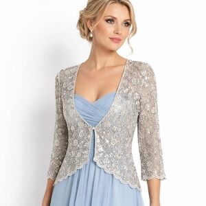 Silver Sequin Bolero Cardigan Size S-M Sheer Lace Long Sleeve Wedding Shower